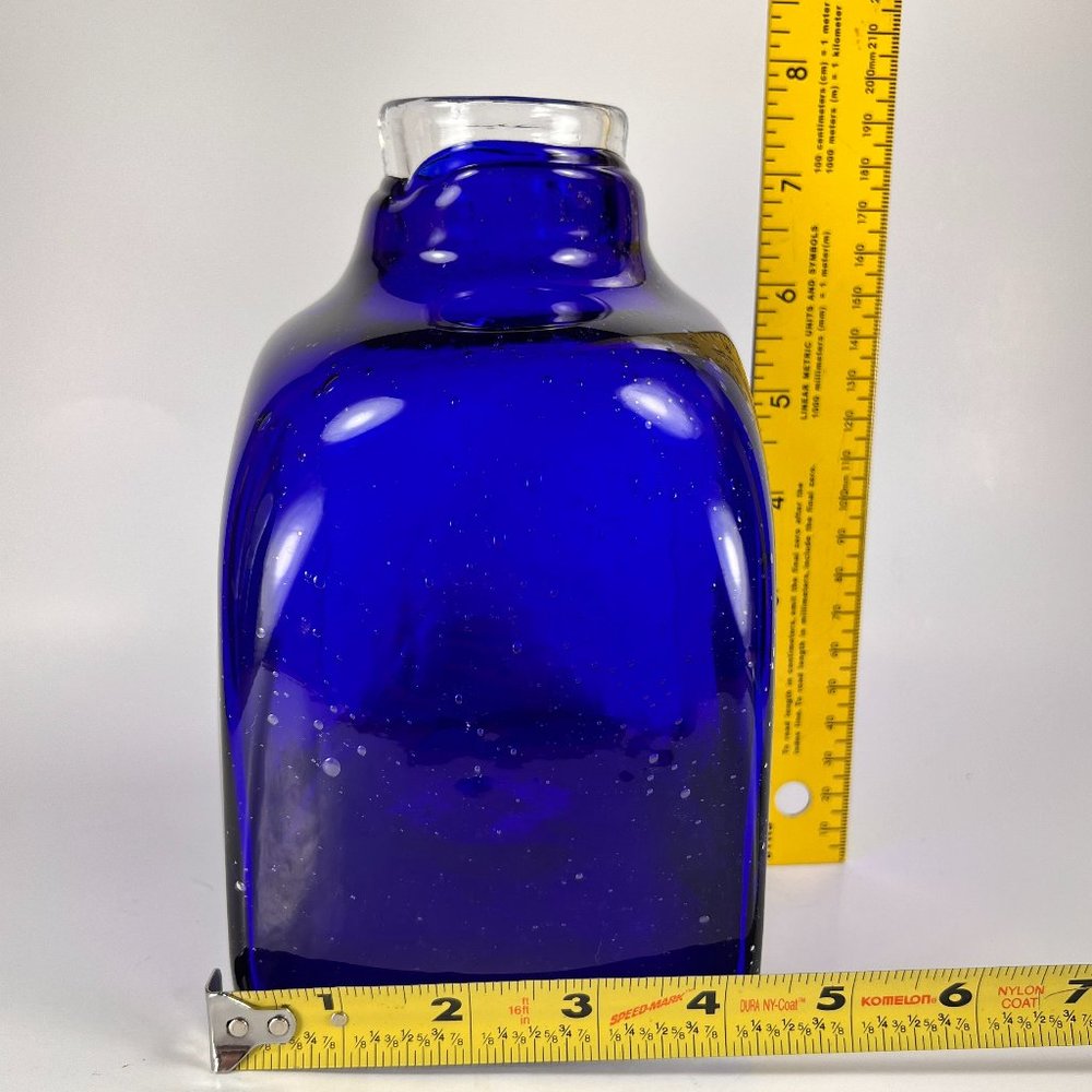 Cobalt Blue Vase Clear Cased Art Glass Hand Blown Bubbles Pattern - Picture 15 of 16